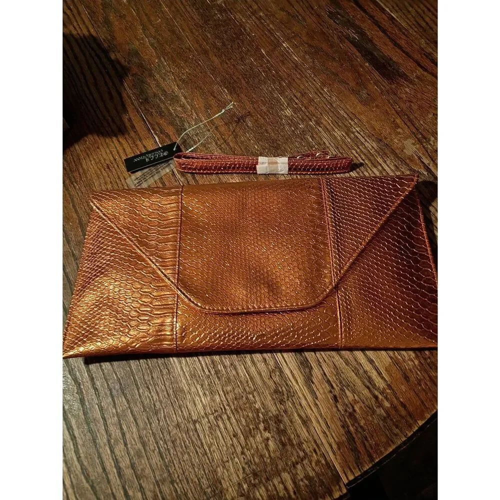 New Bella Collection Metallic Orange Clutch Purse Handbag with Shoulder Strap